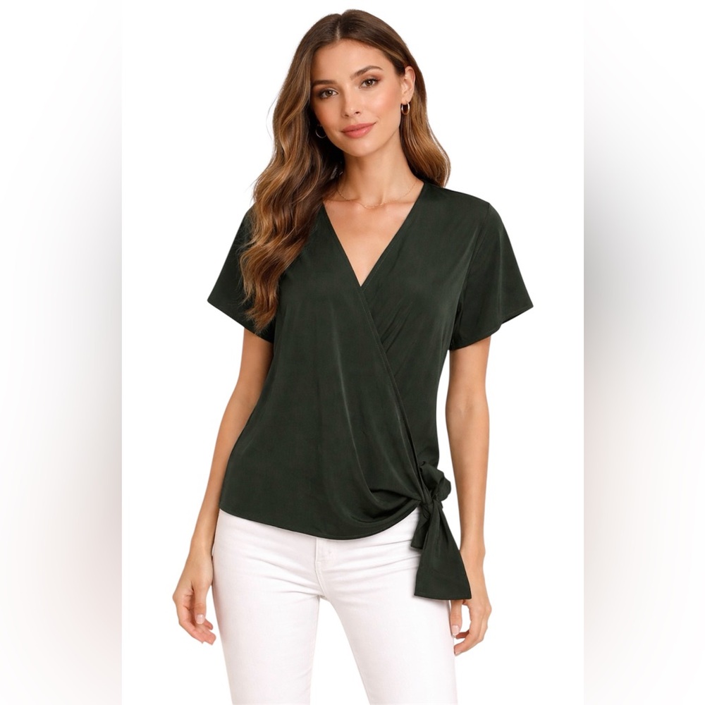 Ann Taylor Dark Green Wrap Tie V-Neck Blouse